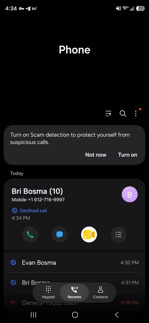 Phone call log screenshot showing 11 calls from Bri Bosma (612) 716-9997 between 4:31 PM and 4:34 PM CST, plus 1 missed call from Evan Bosma (612) 816-3172 at 4:32 PM